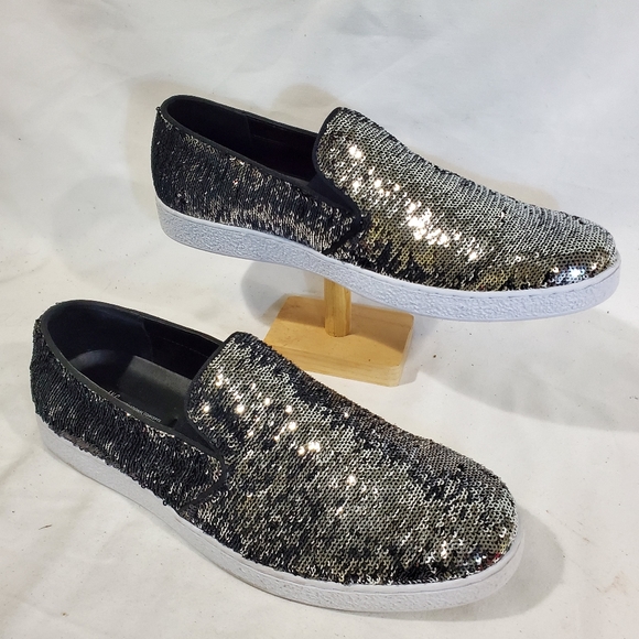 Men's Silver Flash Sequin Slip On Casual Sneakers - Picture 2 of 7